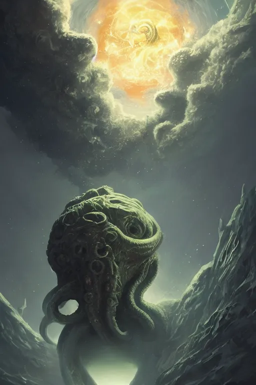 Image similar to cthulhu in space looking at earth, larger than earth, huge, towering, gigantic, high octane, 8 k, digital art, magic the gathering, mtg, by greg rutkowski, trending on artstation