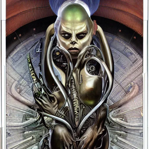 Image similar to professional digital painting, extreme illustration of an alien by H R Giger + artgerm, alphonse mucha ::