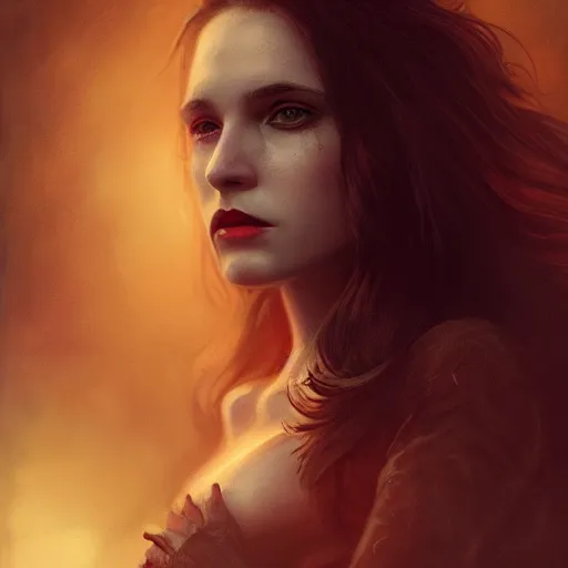 Image similar to majestic gracious regal female brunette vampire portrait, atmospheric lighting, painted, menacing, intricate, volumetric lighting, beautiful, rich deep colours masterpiece, golden hour, sharp focus, ultra detailed, by leesha hannigan, ross tran, thierry doizon, kai carpenter, ignacio fernandez rios