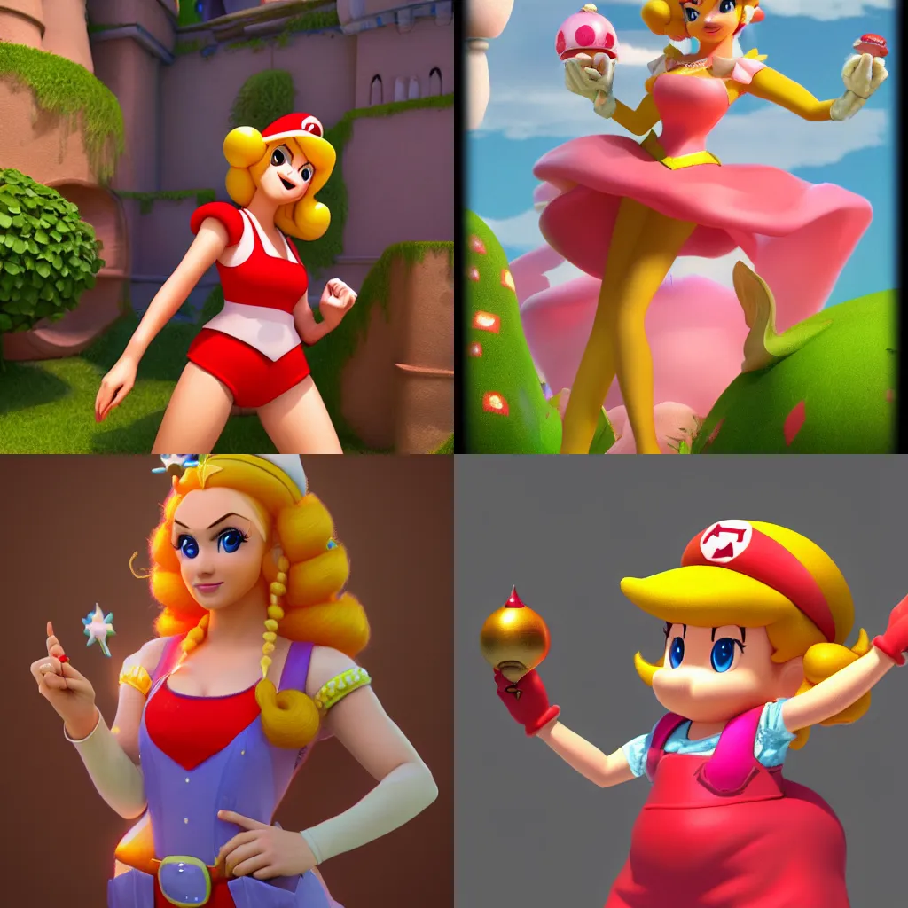 Prompt: princess peach in super marios overall, fantasy art, highly detailed, trending on artstation, octane render