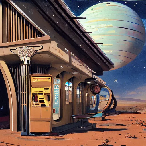 Prompt: detailed painting of a scifi abandoned atm, celestial ephemeral ornaments and art nouveau architecture, artstation, syd mead, in africa, cinematic