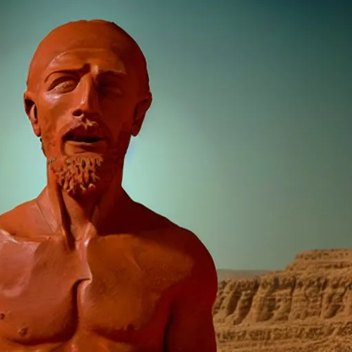 Prompt: cinematic still of a gust of wind blowing red clay sculpture of 30 year old middle eastern man head and shoulders in a human head and shoulders, strong, muscular, mysterious, fantastical, miraculous, epic, light rays, cinematic, Biblical epic directed by Steven Spielberg