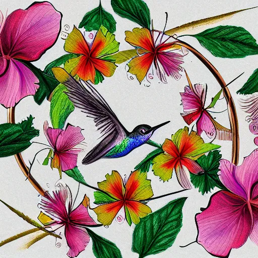 Prompt: kolibri illustration, crayon style, colorful, leaves, hibiscus flower, within a circle with good contrast to the kolibri, tips of wings breaking out of circle boundary, hidden text within outlines saying K.O.L.I.B.R.I