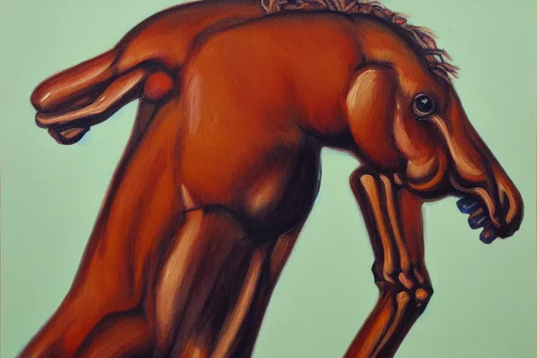 Prompt: creature with the head, arms and back of a human being and the body and legs of a horse. oil painting