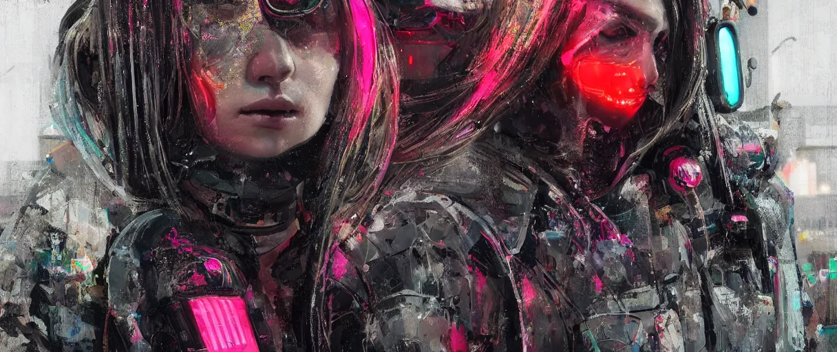 Image similar to detailed portrait neon guard girl with long straight blonde hair seen from the back, cyberpunk futuristic, reflective puffer jacket, black leggings, decorated with traditional ornaments in front of a dystopian crowd with piles of garbage by ismail inceoglu dragan bibin hans thoma, perfect face, fine details, realistic shaded, fine - face, pretty face