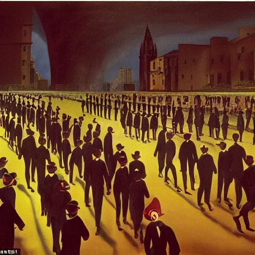 Image similar to a crowd of men in suits marching in a surrealistic city, cinematic dramatic lighting, matte painting, Salvador Dali, René Magritte, Frida Kahlo