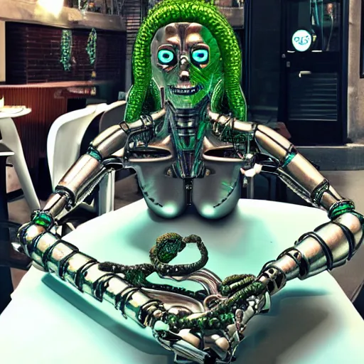 Prompt: real life terminator gorgon medusa with borg implants and robotic snakes coming out of her head sitting at a cafe having a cup of coffee. Tiny green led lights in her cybernetics. very detailed 8k