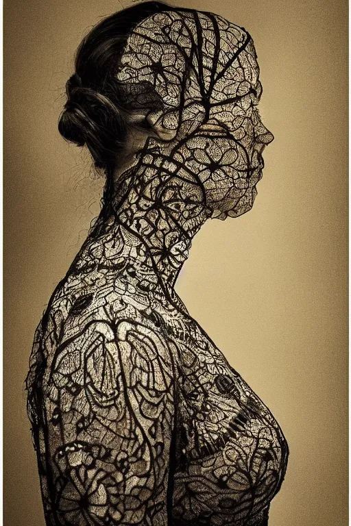 Image similar to a woman's face in profile, made of intricate decorative lace skeleton, in the style of the dutch masters and gregory crewdson, dark and moody