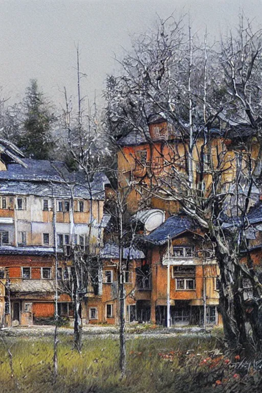 Prompt: russian suburbs building, artwork by Noriyoshi Ohrai