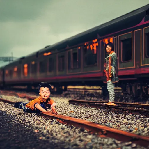 Image similar to justin sun bound in rope laying on train tracks,, beautiful cinematic lighting, epic composition, approaching train