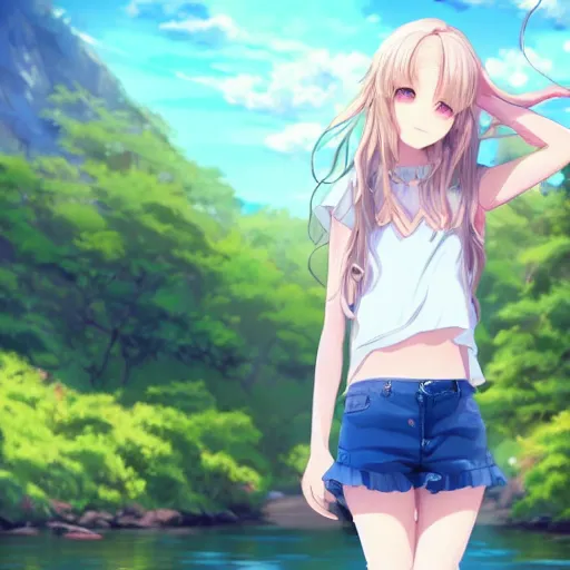 Image similar to a very beautiful anime girl, full body, long wavy blond hair, sky blue eyes, full round face, short smile, cute top, short jeans, summer lake setting, cinematic lightning, medium shot, mid-shot, highly detailed, trending on Artstation, Unreal Engine 4k, cinematic wallpaper by Stanley Artgerm Lau, WLOP, Rossdraws, James Jean, Andrei Riabovitchev, Marc Simonetti, and Sakimichan