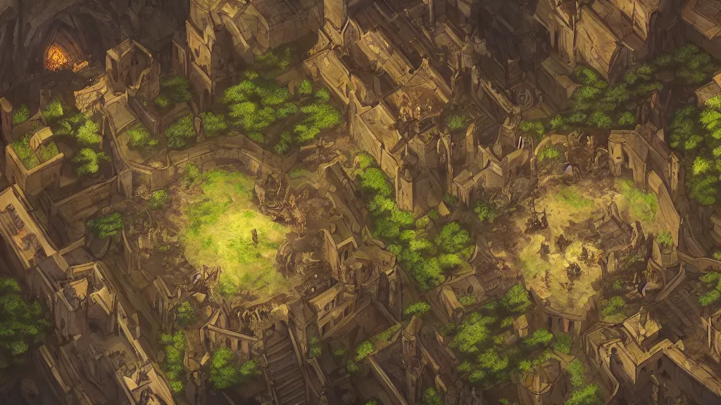 Image similar to wide establishing shot of a dungeons and dragons battle map, top view of inside of a great hall inside a castle, dynamic composition, dramatic lighting, trending on artstation, digital art, stylized painting