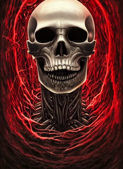 Image similar to portrait of cybernetic skull with glowing red eyes, by wayne barlow, stanley donwood, anton semenov, zdzislaw bekinski, hr giger, 8 k, sci fi, dark, highly detailed