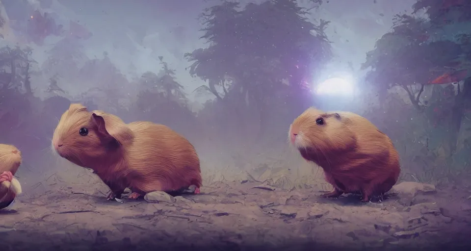 Image similar to a realistic cute guineapigs everywhere, by simon stalenhag, frank frazetta, greg rutkowski, beeple, yoko taro, christian macnevin, beeple, epic fantasy character art, volumetric outdoor lighting, midday, high fantasy, cgsociety, cheerful colours, full length, exquisite detail, post - processing, masterpiece, cinematic