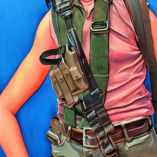 Prompt: detailed details art concept a 1 5 year old teenager, wears a singlet shirt, shorts and fanny packs and sometimes wears a gas mask, handling ak 4 8 in the style of bob peak and alex ross, gouache and wash paints color, detailed details facial and body and human and environments and proportionate, detailed 5 k details.