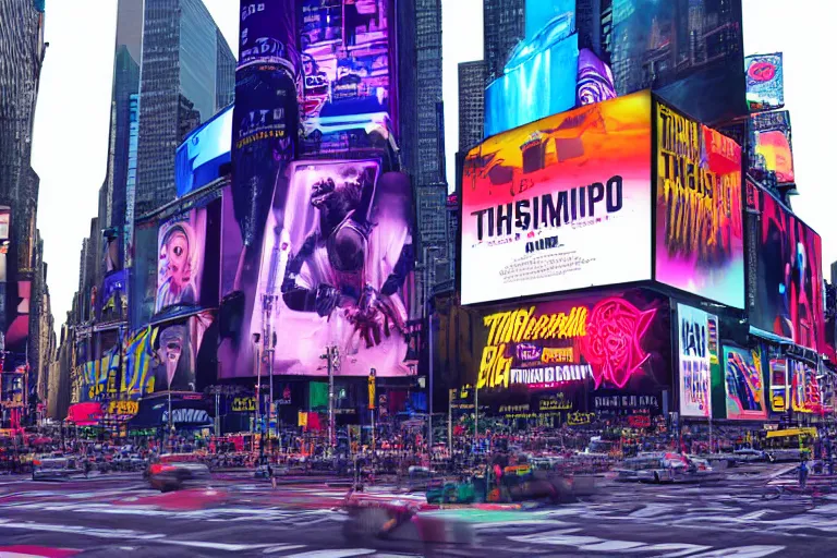 Prompt: a billboard on times square, screen show concert poster, band name is tripmachine, realistic digital art, on the screen is a 3 d render of a huge futuristic steampunk generator, 8 k, fluorescent colors, halluzinogenic, multicolored, exaggerated detailed, unreal engine, 8 0 mm