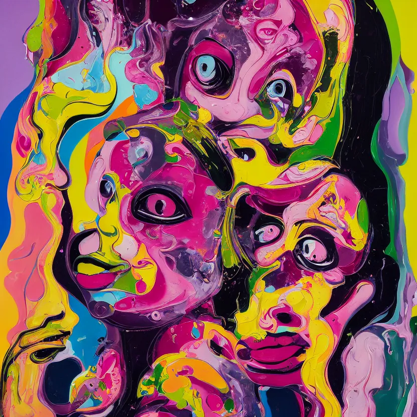 Prompt: woman holding a baby, an ultrafine detailed painting by peter max and francis bacon and fiona rae and maryam hashemi and hernan bas and anna mond, featured on deviantart, metaphysical painting, pop surrealism, melting paint, biomorphic, mixed media, photorealistic, dripping paint, palette knife texture, masterpiece