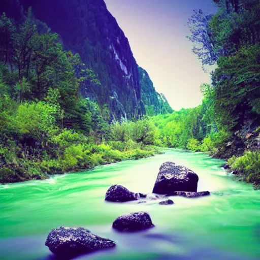 Image similar to a beautiful landscape, river, rocks, trees, by greg rutkowsi, glitch