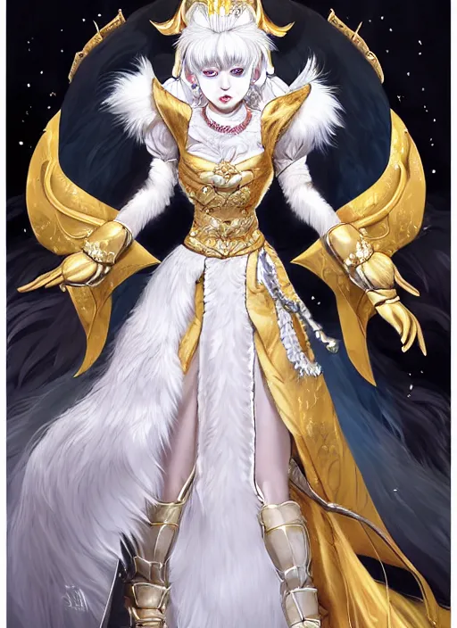 Image similar to commissioned full body furry portrait of a female anthro wolf-headed princess fursona with white hair wearing a white and gold chinese armored dress in a white and gold palace, by a professional manga illustrator, Stanley Artgerm Lau, WLOP, Rossdraws, James Jean, Andrei Riabovitchev, Marc Simonetti, and Sakimichan, trending on artstation