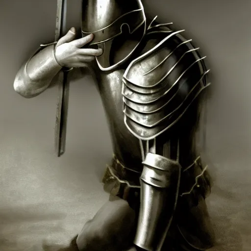 Image similar to A pale young man stands kneeling inside a prison cell. Clad in shining armor he kneels and prays to a God others would have long abandoned. Sunshine lightly grazes his cheeks as he prays, his broken spear used as a cross to focus on. The knight's expression is sad, pensive, but resolute, decisive and stubborn.