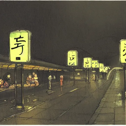 Image similar to a some people waiting in a lone bus stop in quiet dark city night, Yoshitaka Amano, high quality, high resolution,detailed