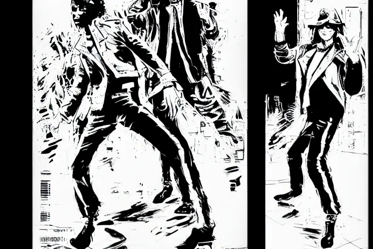 Image similar to michael jackson dancing, a page from cyberpunk 2 0 2 0, style of paolo parente, style of mike jackson, adam smasher, johnny silverhand, 1 9 9 0 s comic book style, white background, ink drawing, black and white