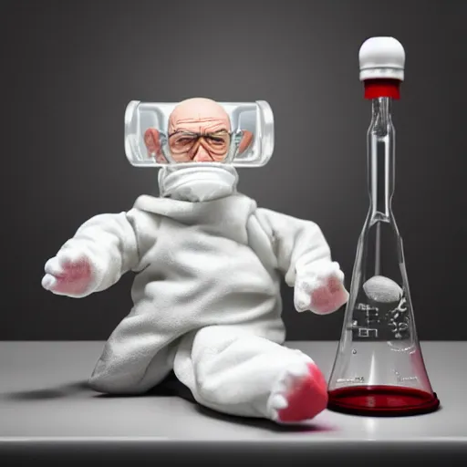 Prompt: Walter White as a cute stuffed animal in a hazmat suit with an erlenmeyer flask, photorealistic