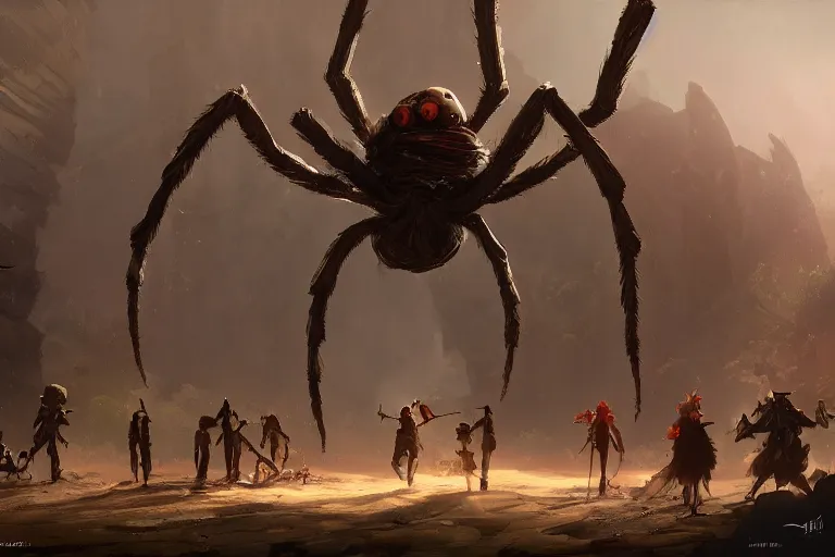 Image similar to an adventurer group with a giant spider behind them, epic, digital art in the style of Greg Rutkowski and Craig Mullins, 4k