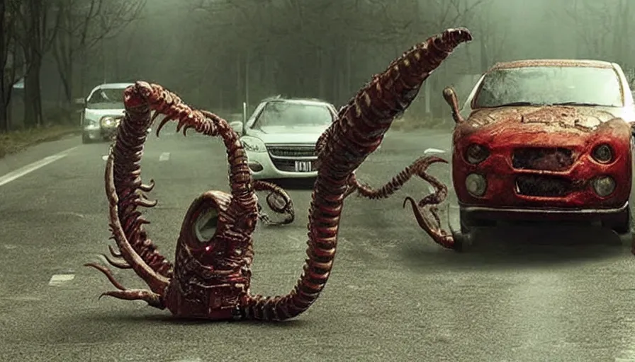 Prompt: Big budget horror movie about a robotic worm monster eating a car