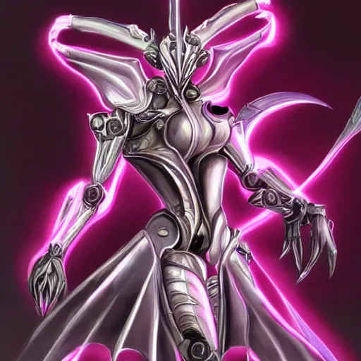 Prompt: highly detailed realistic exquisite fanart, of a beautiful female warframe, but as an anthropomorphic elegant robot female dragoness, glowing eyes, shiny and smooth off-white plated armor, bright Fuchsia skin beneath the armor, sharp claws, robot dragon four fingered hands, and robot dragon three clawed feet, royal elegant pose, full body and head shot, epic cinematic shot, professional digital art, high end digital art, DeviantArt, artstation, Furaffinity, 8k HD render, epic lighting, depth of field