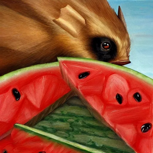 Prompt: realistic ffluffy brown bat is eating a triangle slice of watermelon in the museum, highly detailed, sharp focus, oil painting, artwork by Victor Adame Minguez + Lovell + Sandro Botticelli
