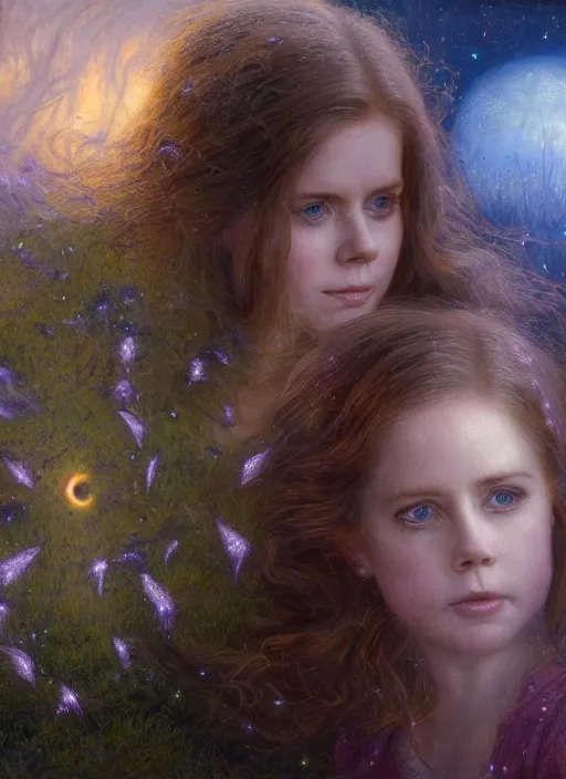 Image similar to Amy Adams staring into the camera, misty wisps, fireflies, Lilia Alvarado, Sophie Anderson, Mark Arian, Bob Byerley, Charlie Bowater, Mark Brooks, Steve Henderson, Justin Gerard, Arthur Hughes, Edward Robert Hughes, Mark Keathley, Victor Nizovtsev, Carlos Shwabe, Ross Tran, WLOP