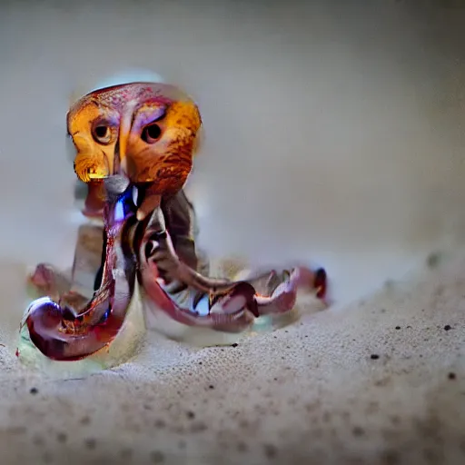 Image similar to fiery whimsical emotional eyes cephalopod, in a photorealistic macro photograph with shallow dof