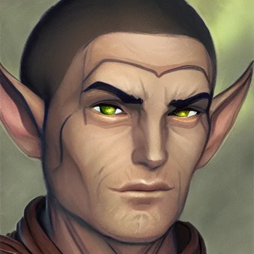 Image similar to Character portrait, face close up: Elf Male Monk/Ranger. Shadow and Gloom. In the style of Ralph Horsley