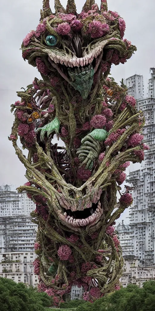 Image similar to colossal grotesque prehistoric alien predator flower made from best unfulfilled mankind projects in the middle of abandoned post soviet constructivist cityscape, Stalinist architecture, ultradetailed, Intricate by Hayao Miyazaki and Josan Gonzalez and Makoto Shinkai and Giuseppe Arcimboldo and Wes Anderson