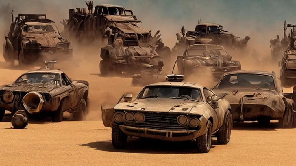 Image similar to mad max cars in a pixar movie
