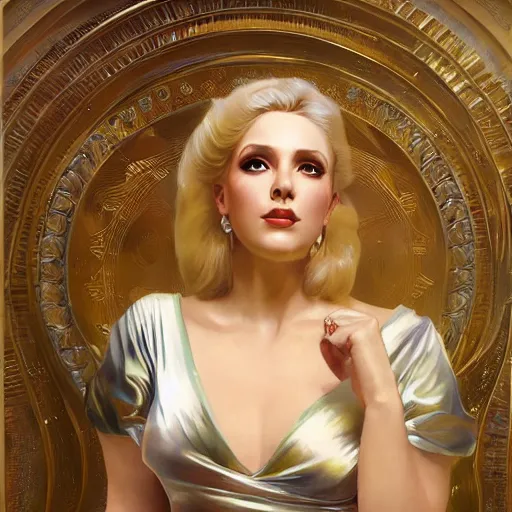 Image similar to painting of a glamorous blonde opera singer performing, highly realistic painting, art by artgerm and greg rutkowski and alphonse mucha, boris vallejo