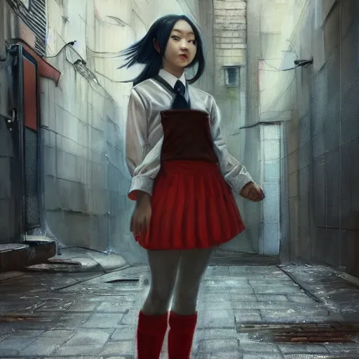 Prompt: a perfect, realistic professional socialist realism socrealist painting of a Japanese schoolgirl posing in a dystopian alleyway, style of Marvel, full length, by a professional Soviet senior artist on ArtStation, a high-quality concept