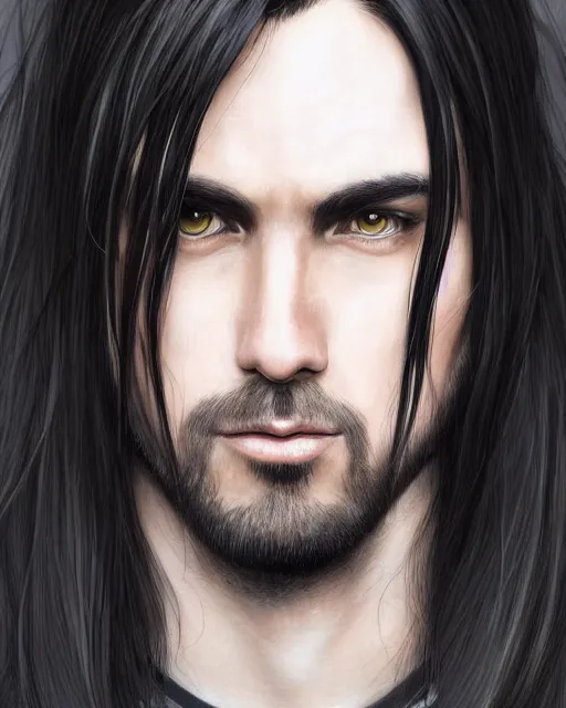 Image similar to portrait of tall, 3 3 - year - old handsome man with long black hair, and grey eyes, wearing black clothes, hyper realistic face, beautiful eyes, character art, art by mark brooks, hyperdetailed, cryengine, trending on artstation, digital art