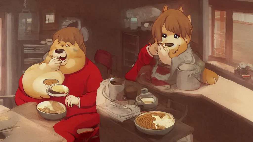 Image similar to cute fat anthropomorphic dog boy eating ramen in a red turtleneck sweater in a cottage on a cold winter day, detailed, 4K, trending on pixiv