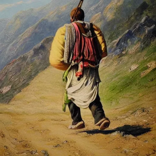 Prompt: kurdish man walking up a mountain with a huge backpack on with bags of rice attached on, beautiful painting by henry justice ford, incredible detail, award winning art