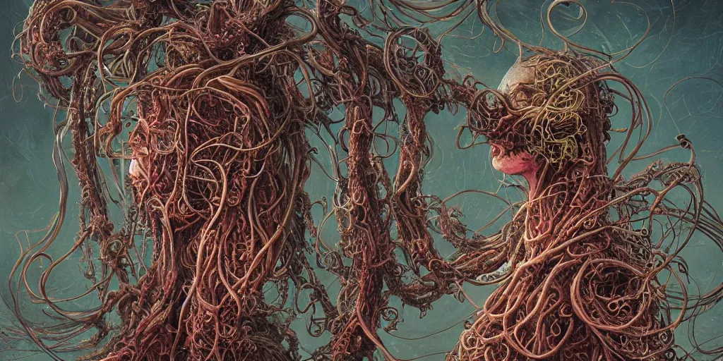 Image similar to centered horrifying detailed view profile portrait of an insane, crazed, mad spaghetti monster, dunwitch horror, ornate spaghetti strings growing around, elegant, tentacles, vines, beautifully soft lit, full frame, 8 k, by wayne barlowe, peter mohrbacher, kelly mckernan, h r ginger