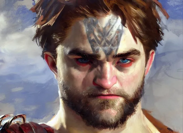 Image similar to a highly detailed beautiful portrait of robert pattison as kratos, by gregory manchess, james gurney, james jean