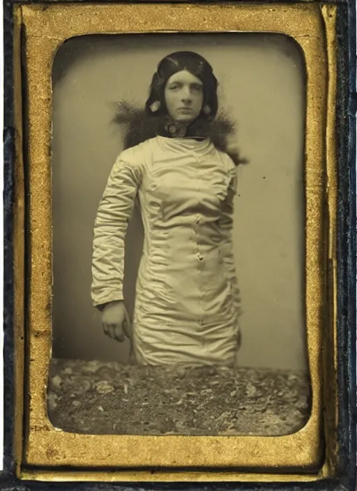 Image similar to wetplate daguerreotype portrait of futuristic astronaut woman, elegant, by louis jacques mande daguerre