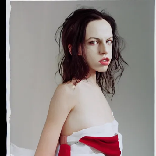 Image similar to realistic! photoshoot for a new vetements lookbook, color film photography, portrait of a beautiful woman, photo in style of Paola Kudacki , 35mm