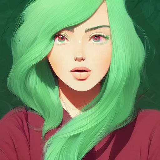 Prompt: a beautiful woman with green hair and hazel eyes, clean cel shaded vector art. behance hd by lois van baarle, artgerm, helen huang, by makoto shinkai and ilya kuvshinov, rossdraws, illustration,