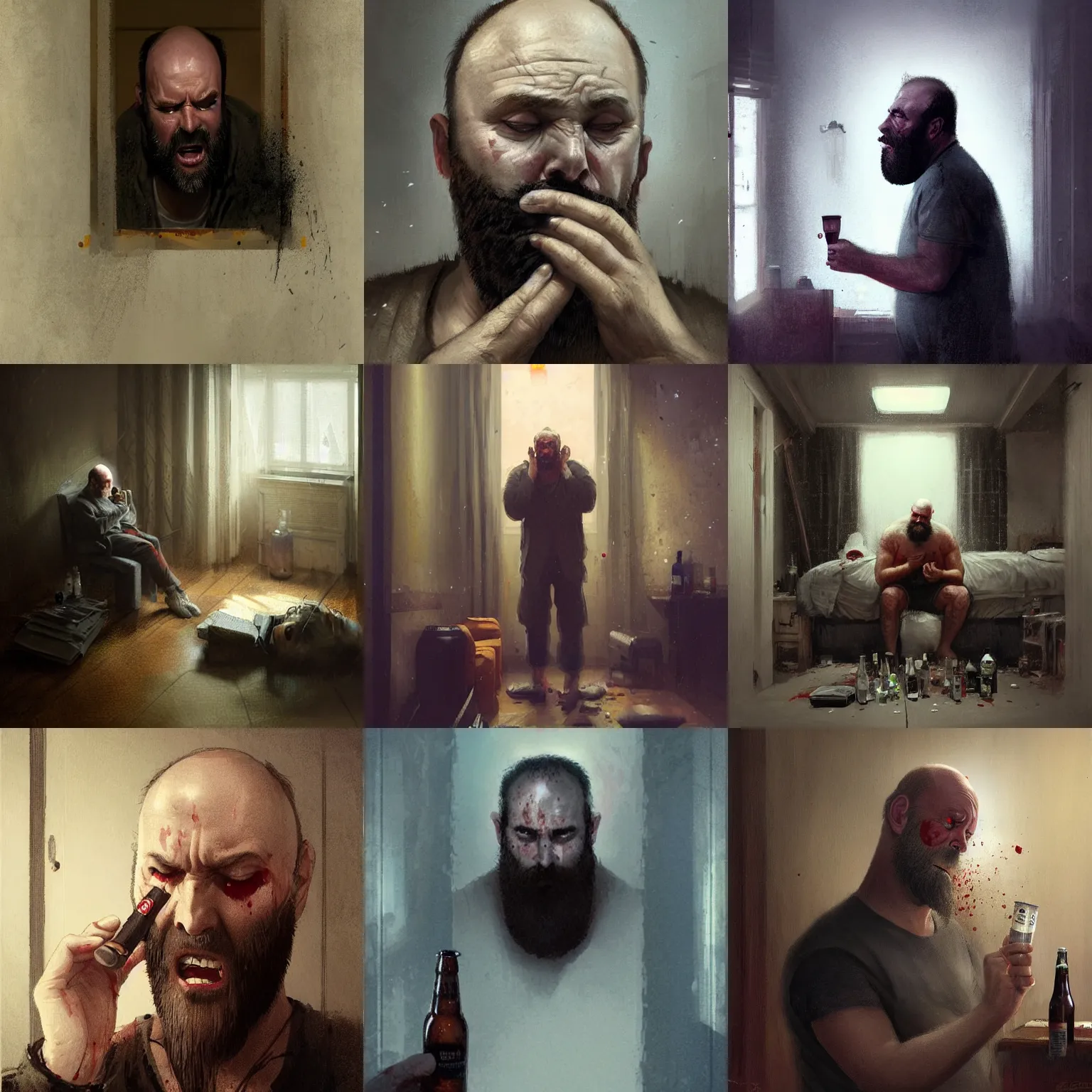 Prompt: a middle aged balding man with a big beard and bloodshot eyes in a tiny hotel room, crying, depressed, stressed, extremely drunk and surrounded by empty beer cans. by Greg Rutkowski.