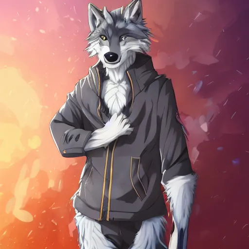 Image similar to key anime visual portrait of an anthropomorphic anthro wolf fursona, in a jacket, with handsome eyes, official modern anime art