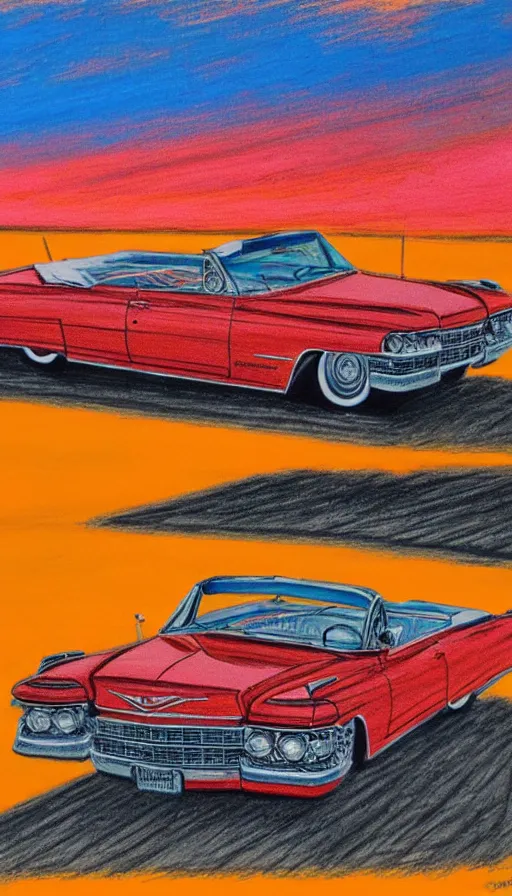 Image similar to 1 9 6 3 cadillac convertible driving down empty highway into a bright orange sunrise, oil pastel, high detail, realistic, vintage, sepia, far shot