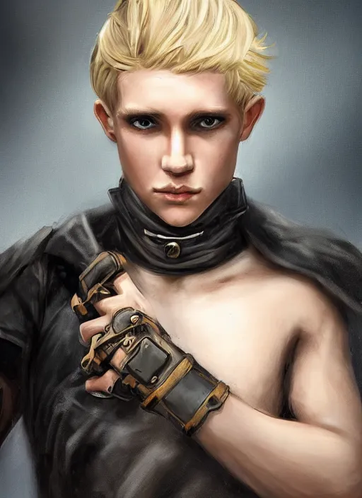 Image similar to a blonde boy thief with a metal armband in the style of eve ventrue